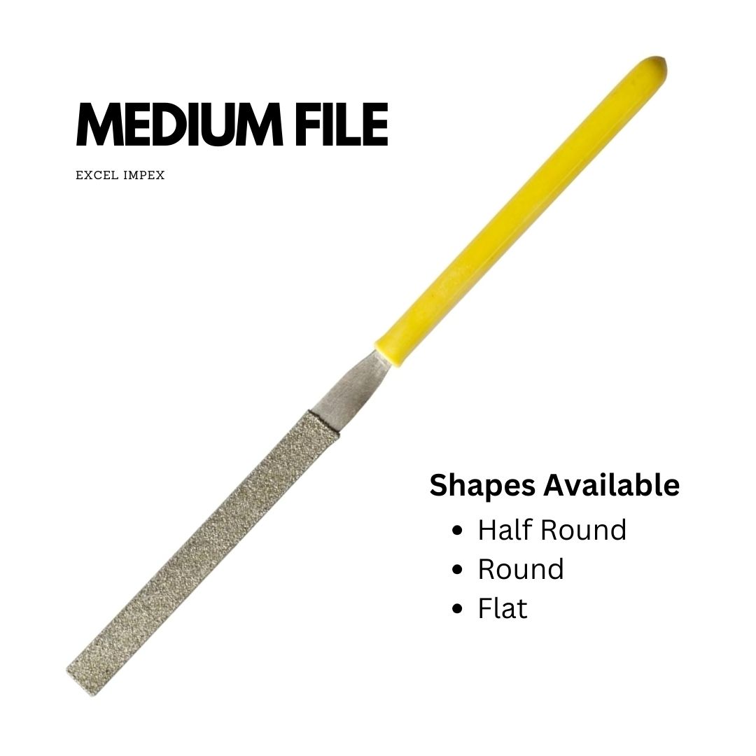 Medium File main Picture Excel Impex brings you a flat profile diamond file for Workshop, Garage, Home, and Craftsmen for general work on iron, steel, etc Versatile usage on any hard and brittle material. Widely used on alloy steel, tungsten carbide, glass, tool steel, semi precious stones, hard stones, die mould, saw blades, cutting tools, carbide insert and anywhere hard grinding and sharpening is required. Ideal for garages, factories, engineering, workshop and DIY use.