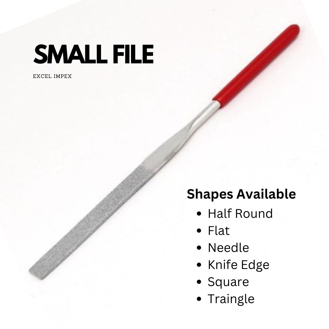 Small File main Picture Excel Impex brings you a flat profile diamond file for Workshop, Garage, Home, and Craftsmen for general work on iron, steel, etc Versatile usage on any hard and brittle material. Widely used on alloy steel, tungsten carbide, glass, tool steel, semi precious stones, hard stones, die mould, saw blades, cutting tools, carbide insert and anywhere hard grinding and sharpening is required. Ideal for garages, factories, engineering, workshop and DIY use.